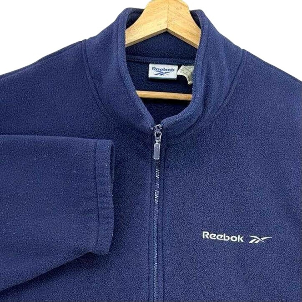 VTG Reebok Navy Blue Oversized Full Zip Fleece Jacket Mock Neck Embroidered 90s